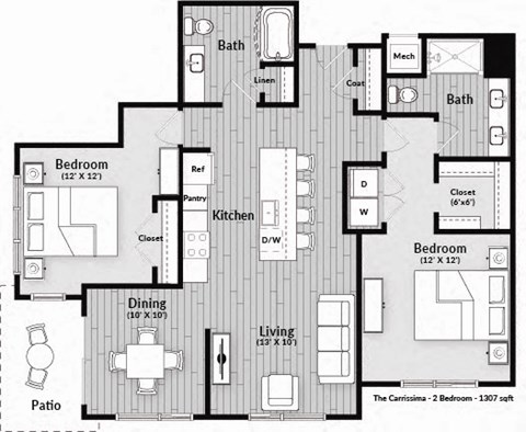 Floor plan for 2 beds, 2 baths, 1307 sqft